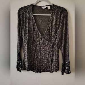 J. Jill Y2K Black Sheer Floral Babydoll Bell Sleeve Wrap Top 8 Medium Fairy